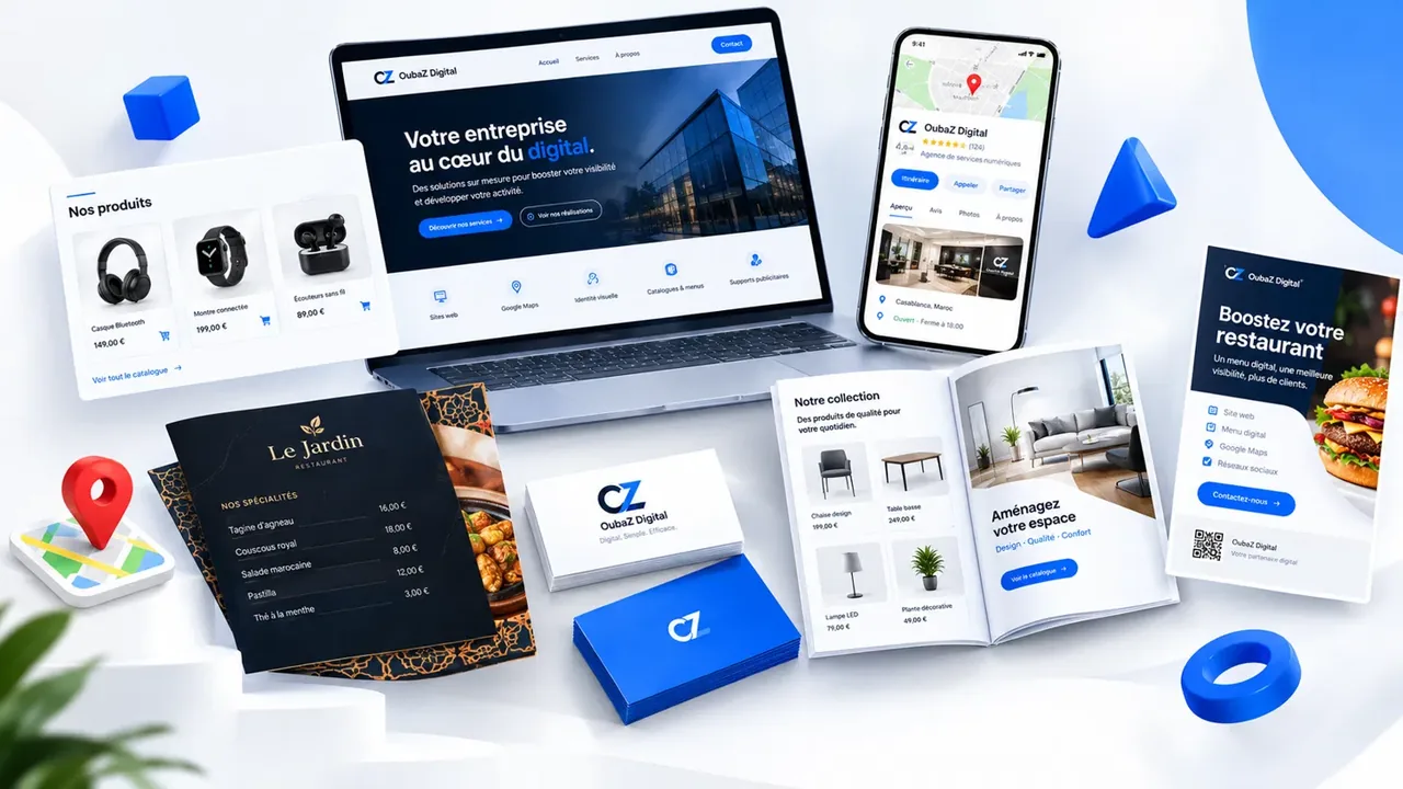 Supports OubaZ Digital : site web, fiche Google Maps, menu de restaurant, cartes de visite, catalogue et affiche publicitaire